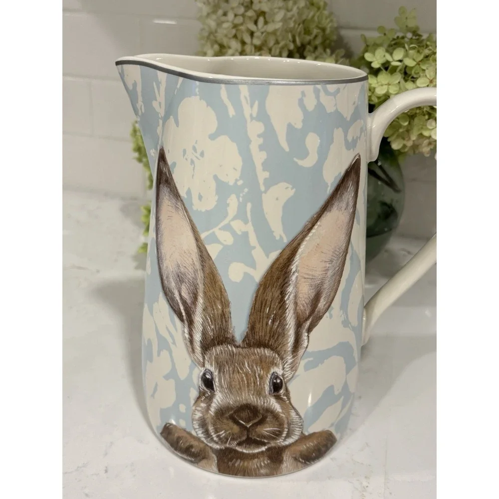 EUC Williams Sonoma Damask Easter Bunny Pitcher Blue Retired 85 Oz
